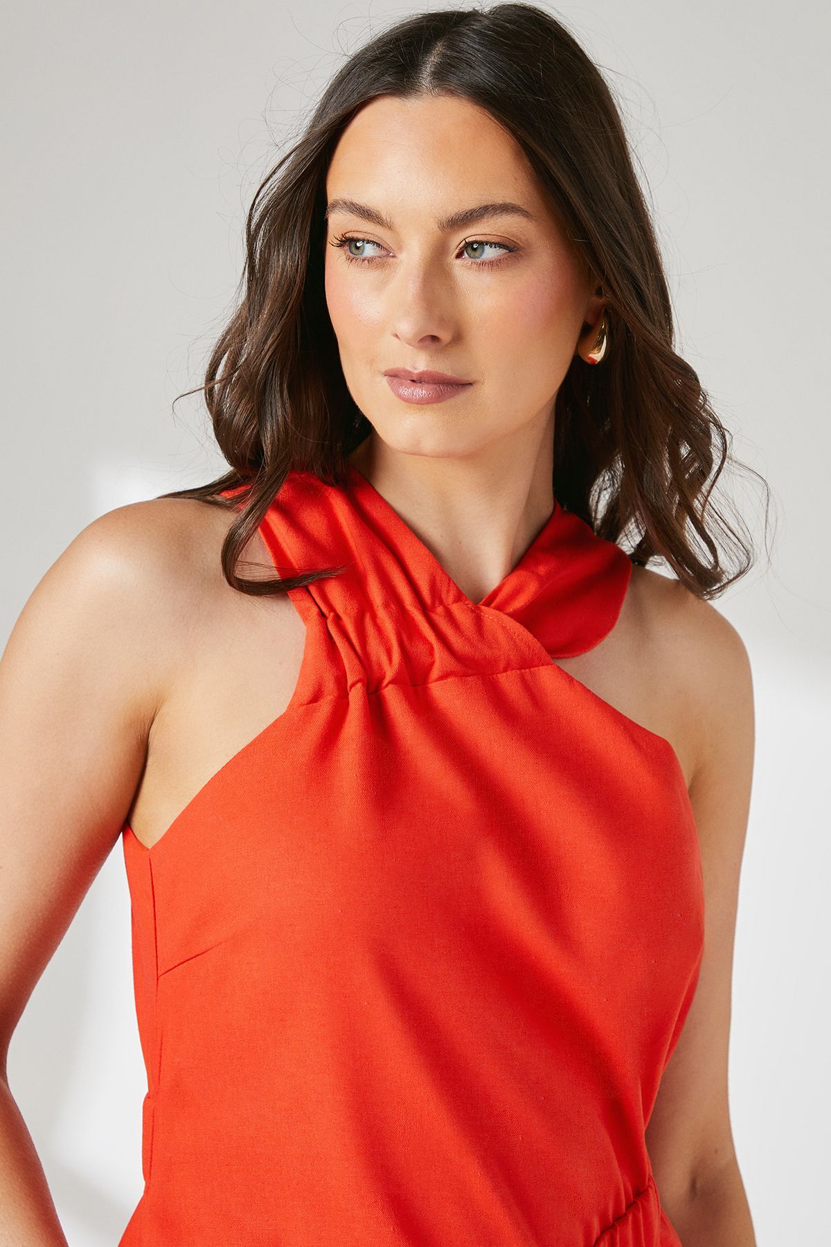 Principles Orange Linen Asymmetric Hem Halter Midaxi Dress Orange image 4