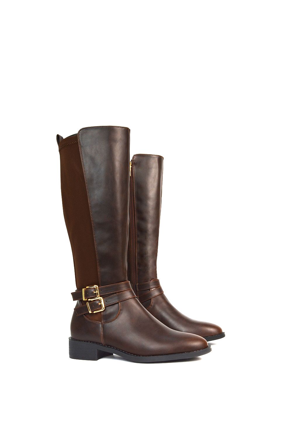 XY London 'Charlie'' Flat Heel Zip Up Knee High Stretchy Boots With Buckle image 6