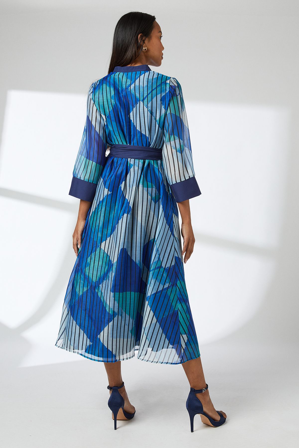 Principles Geo Stripe Organza Contrast Shirt Dress Blue image 3