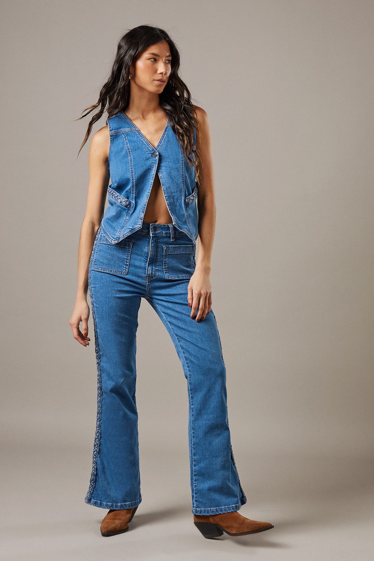 Warehouse High Waist Denim Bootcut With Patch Pockets Mid Wash image 2