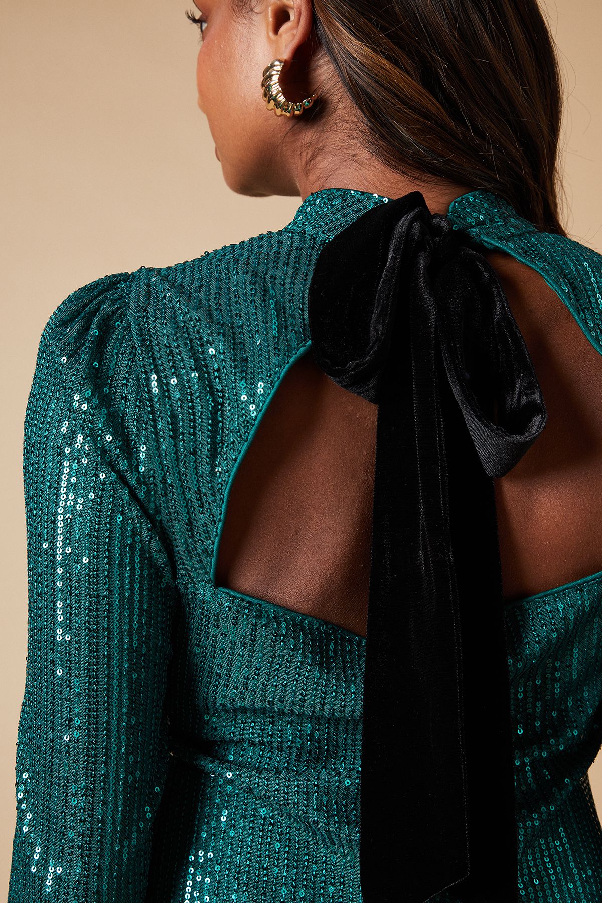 Oasis Sequin Velvet Bow Back Mini Dress Forest image 4