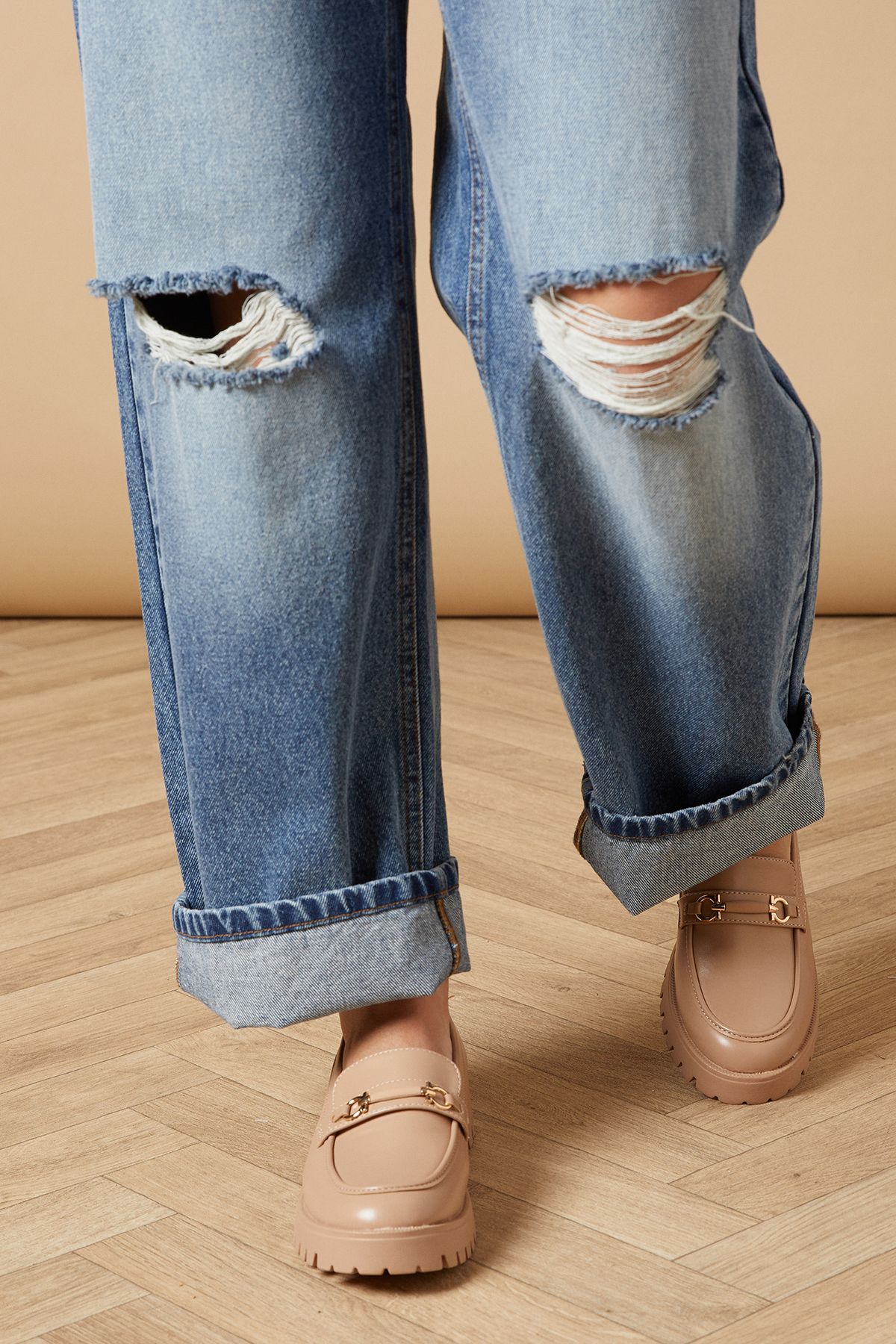 Oasis Zerrith Faux Leather Snaffle Detail Chunky Loafers Beige image 2