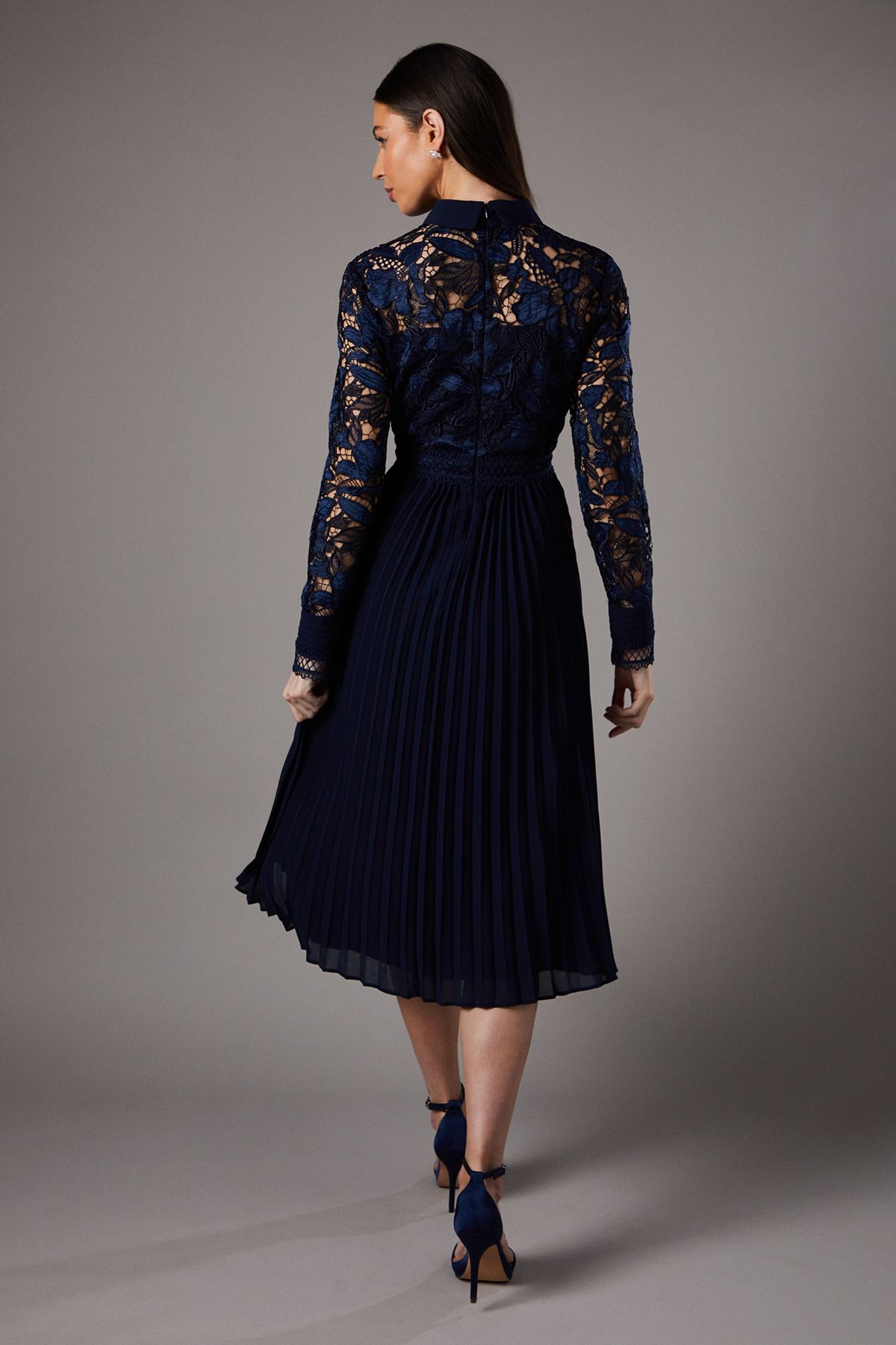 Coast Long Sleeve Lace and Pleated Midi Shirt Dress Navy image 3