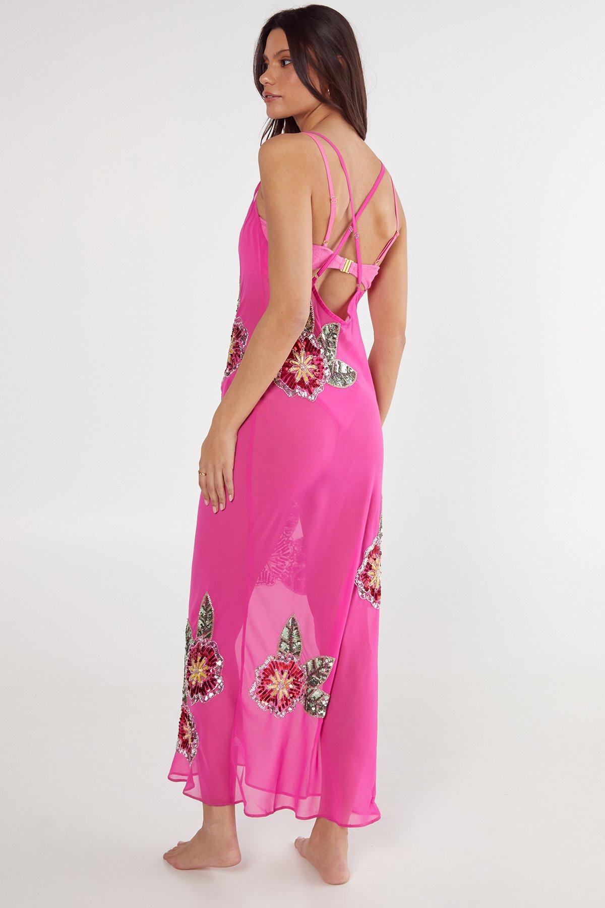 NastyGal Floral Embellished Cowl Maxi Beach Dress Pink image 4
