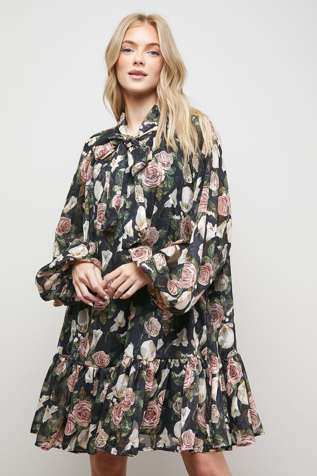 Oasis Rose Print Tie Neck Balloon Sleeve Mini Smock Dress Floral image 2