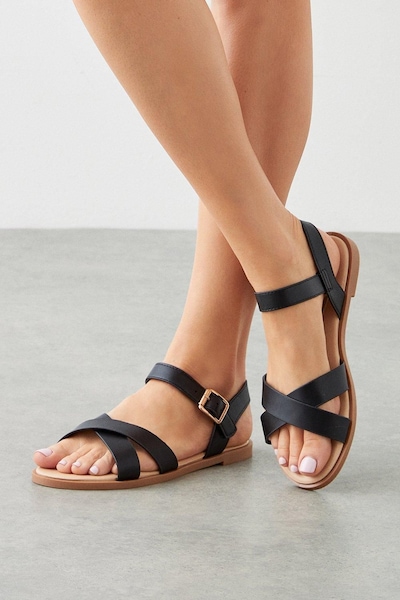 Dorothy Perkins Wide Fit Florence Faux Leather Cross Strap Flat Sandals Black
