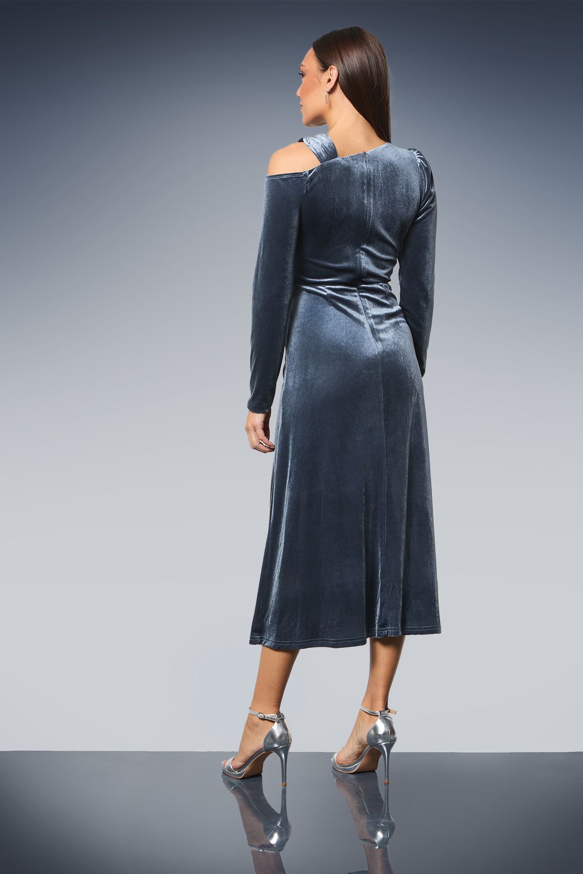 Principles Asymmetric Neck Velvet Midi Dress Silver image 3