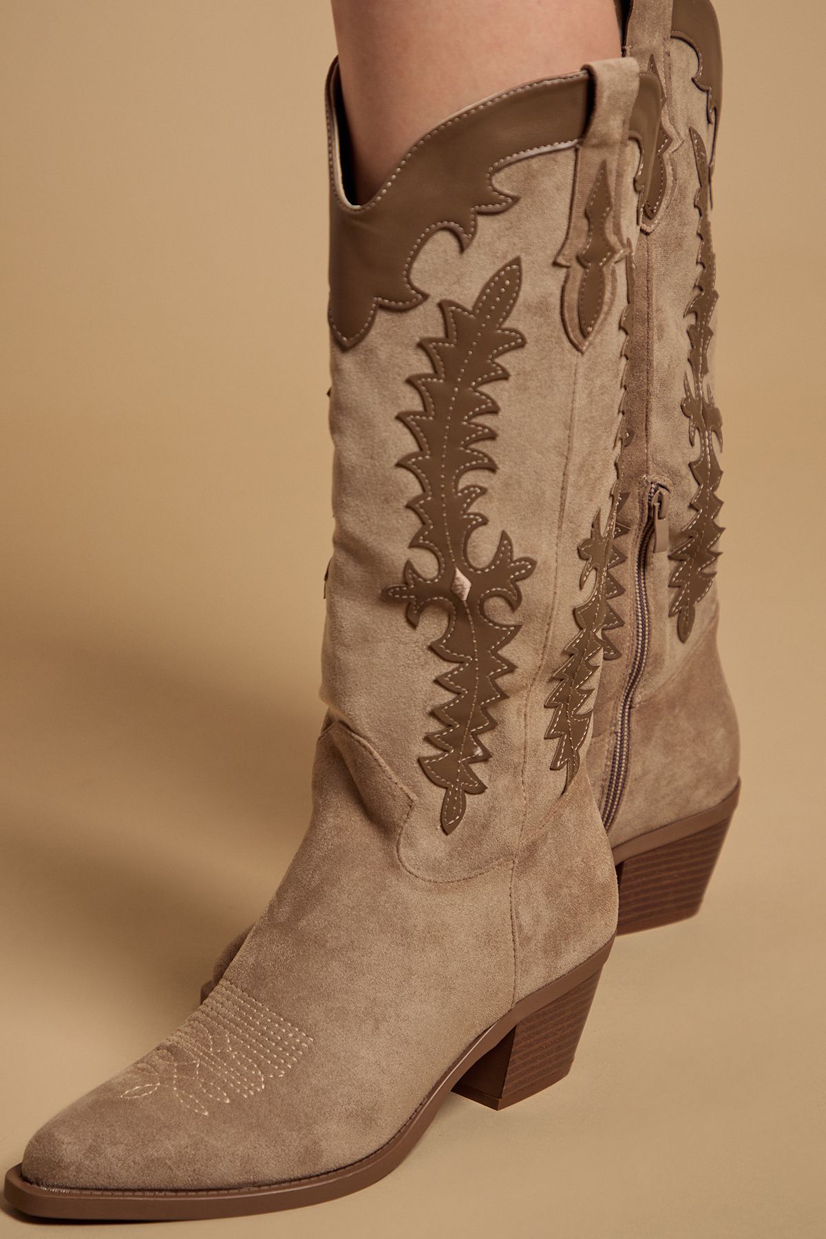 Oasis Jessie Faux Suede & Leather Western Cowboy Calf Boots Beige image 4