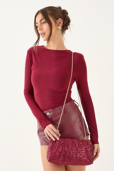 MissPap Ruched Sequin Clutch Bag Burgundy