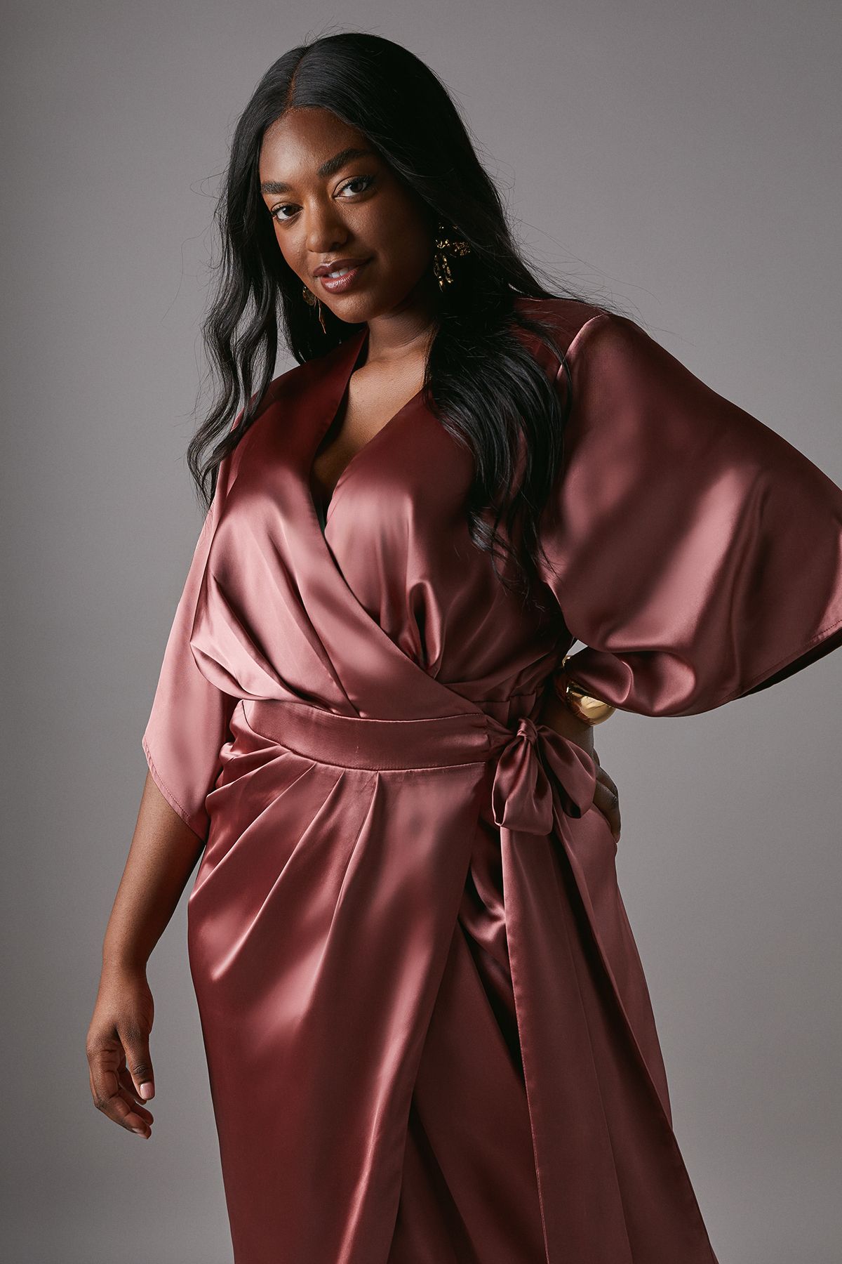 Coast Plus Satin Pleat Front Midi Wrap Dress Rose image 2