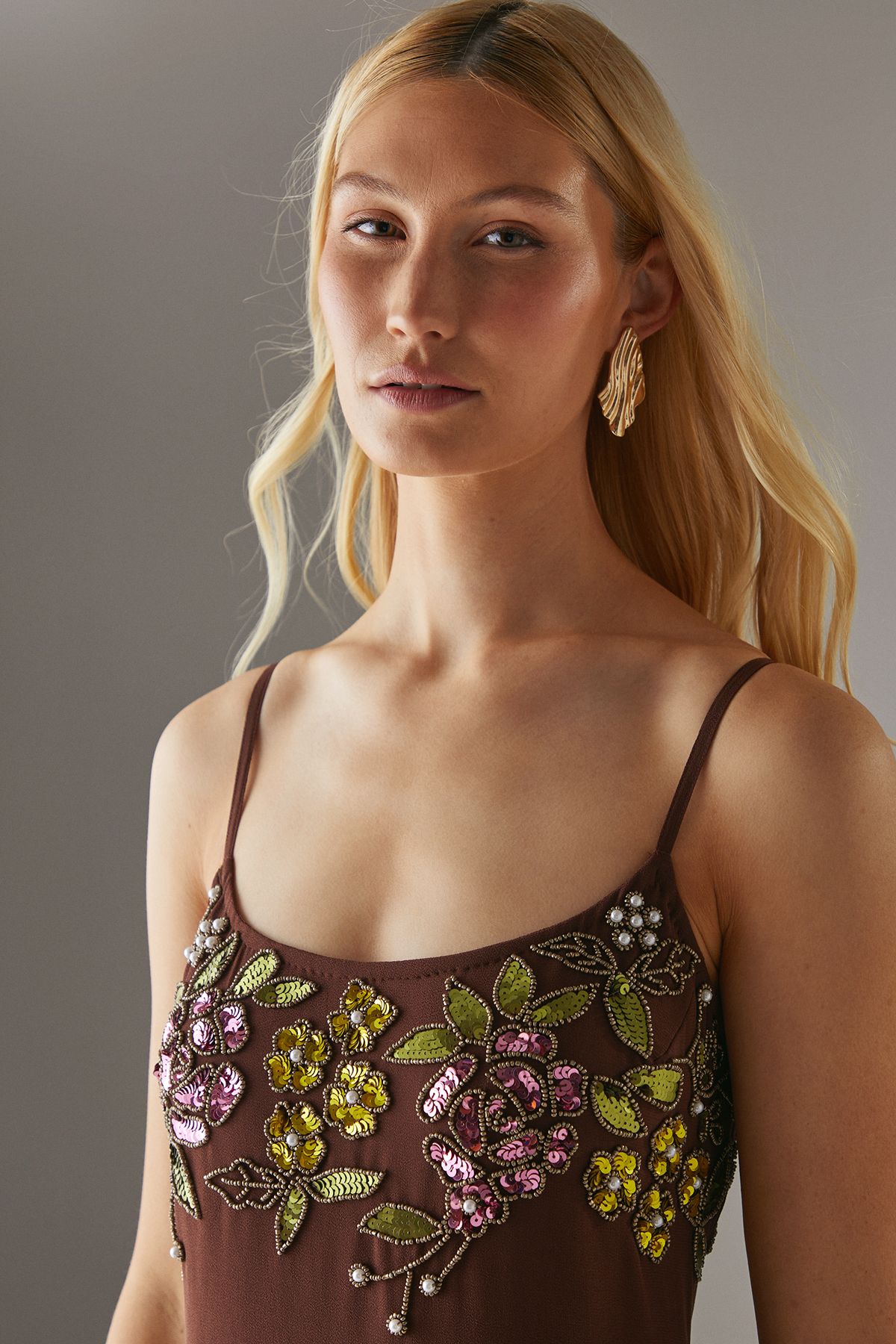 Warehouse Hand Embellished Strappy Bias Sequin Midi Dress Chocolate image 4