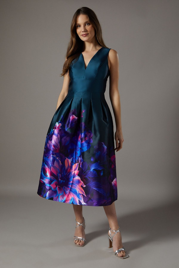 Coast Plunge Neck Twill Dress With Placement Print Green