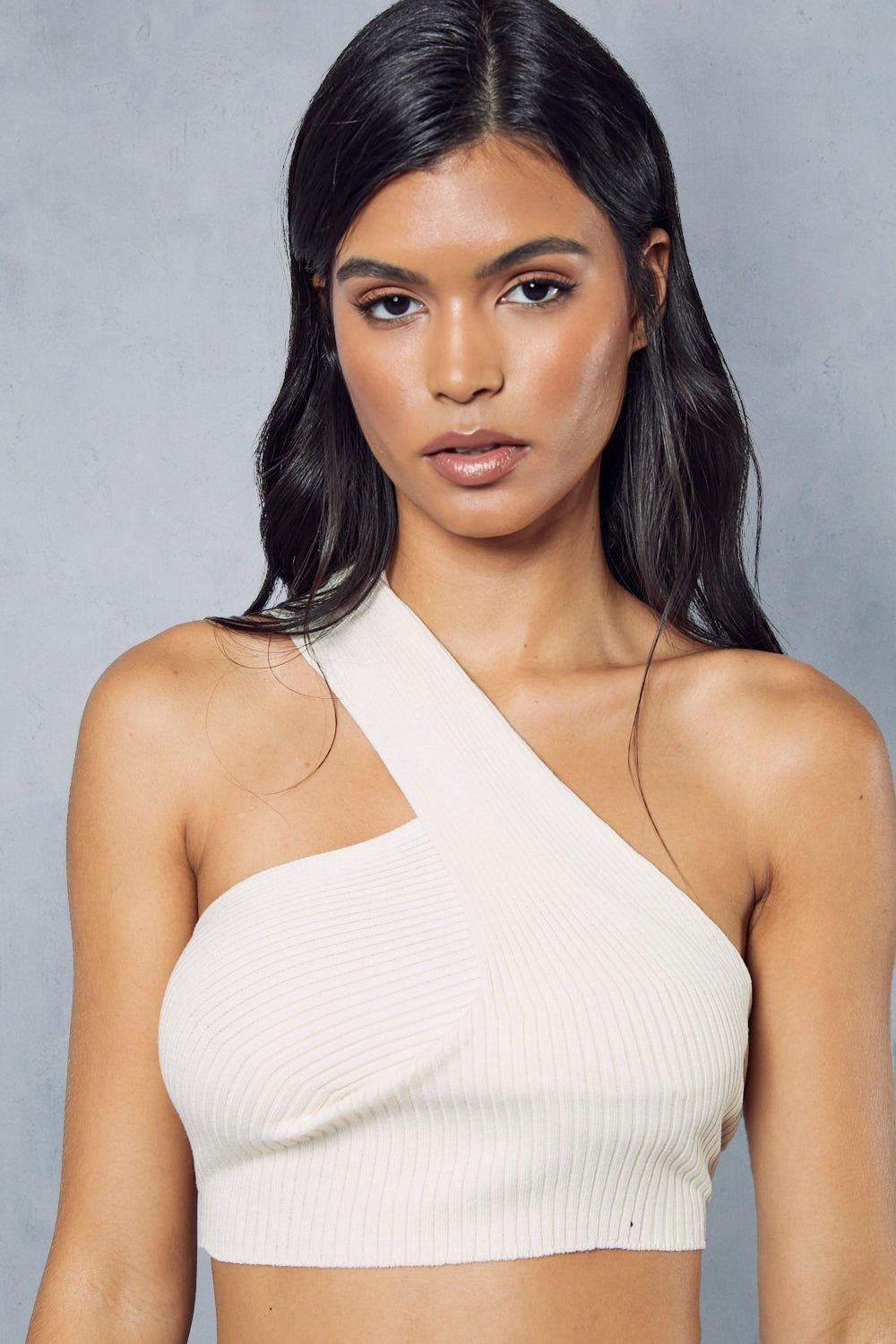 MissPap Knitted Ribbed One Shoulder Top Stone image 2