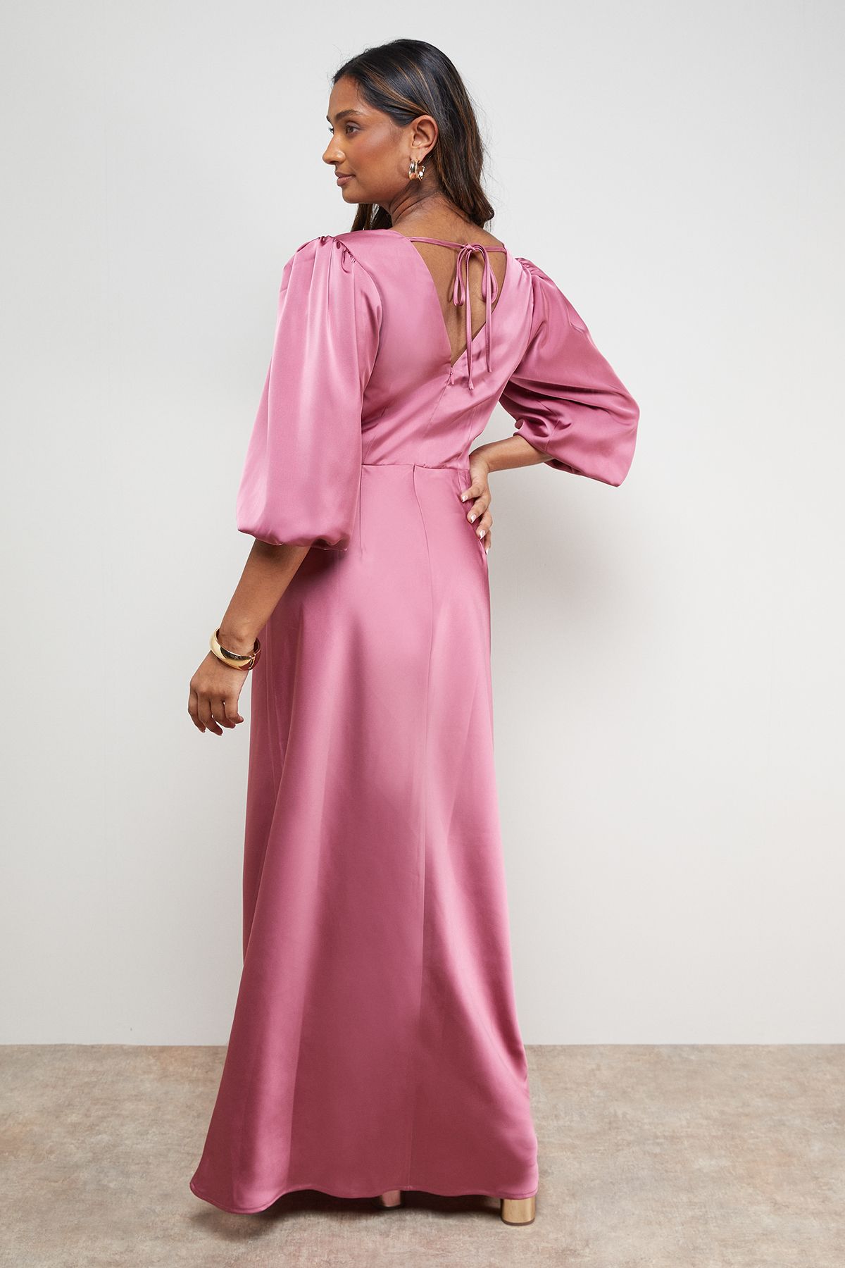 Oasis Satin V Neck Balloon Sleeve Bias Midi Dress Rose image 3