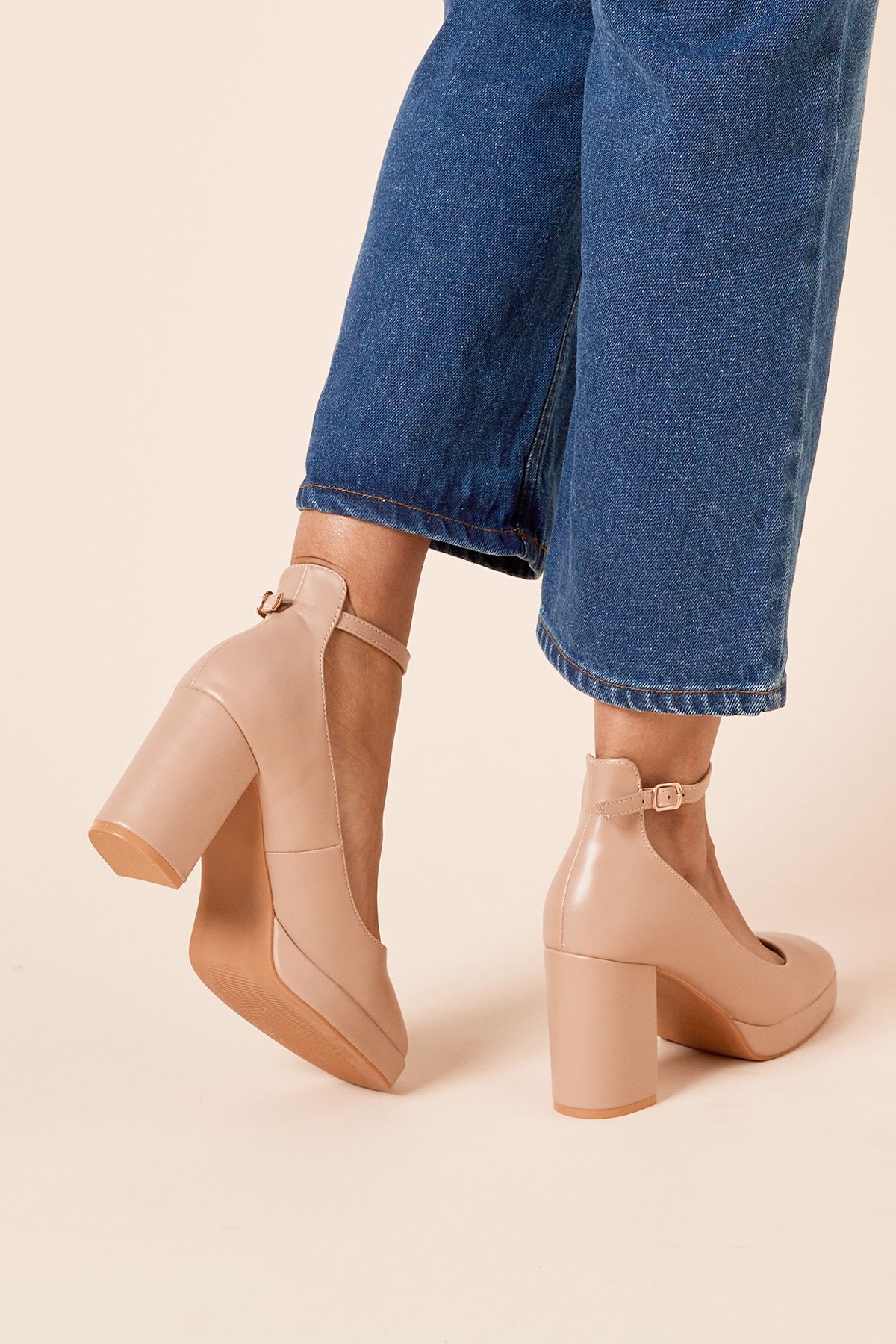 Dorothy Perkins Vanessa Faux Leather Platform Ankle Strap High Block Heel Court Shoes Taupe image 4