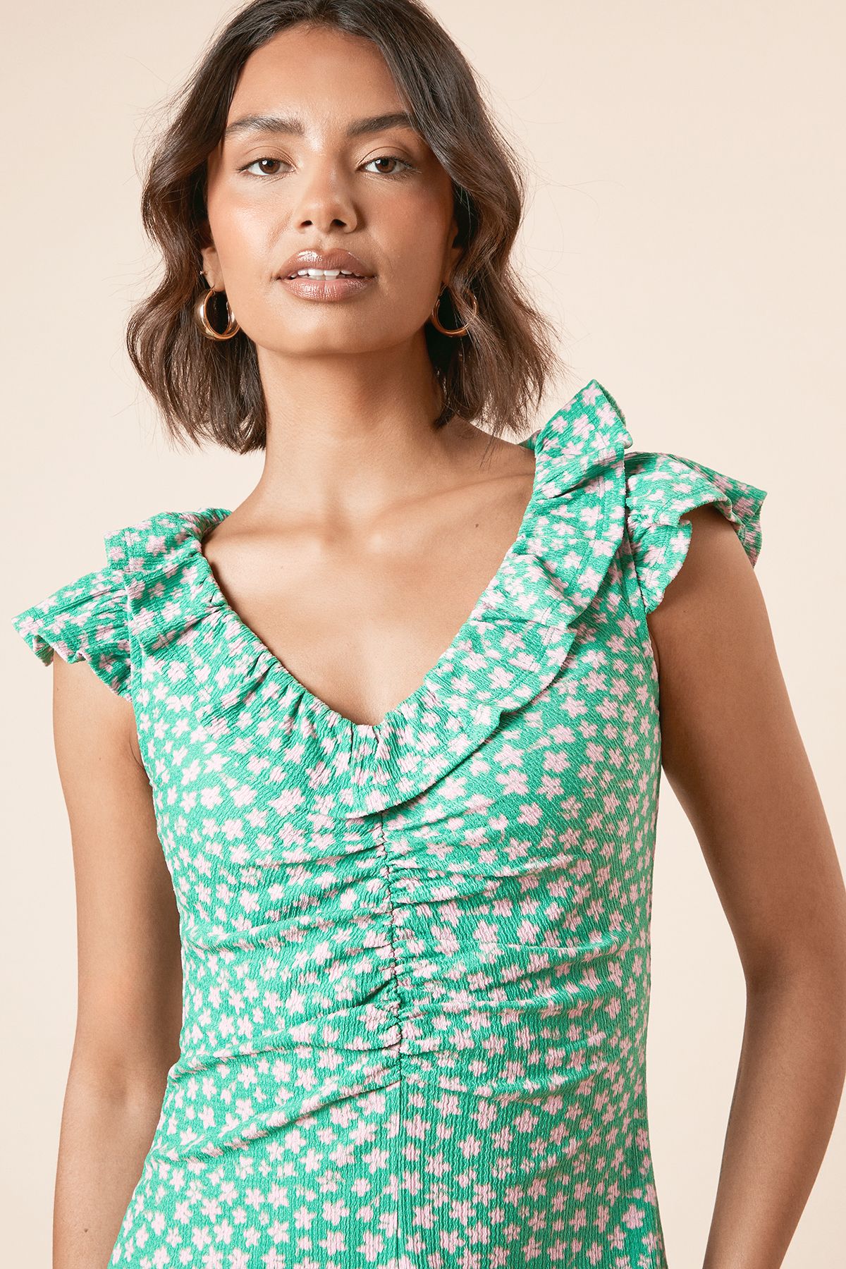 Dorothy Perkins Green Ditsy Frill Neck Ruched Front Jersey Midi Dress Green image 3