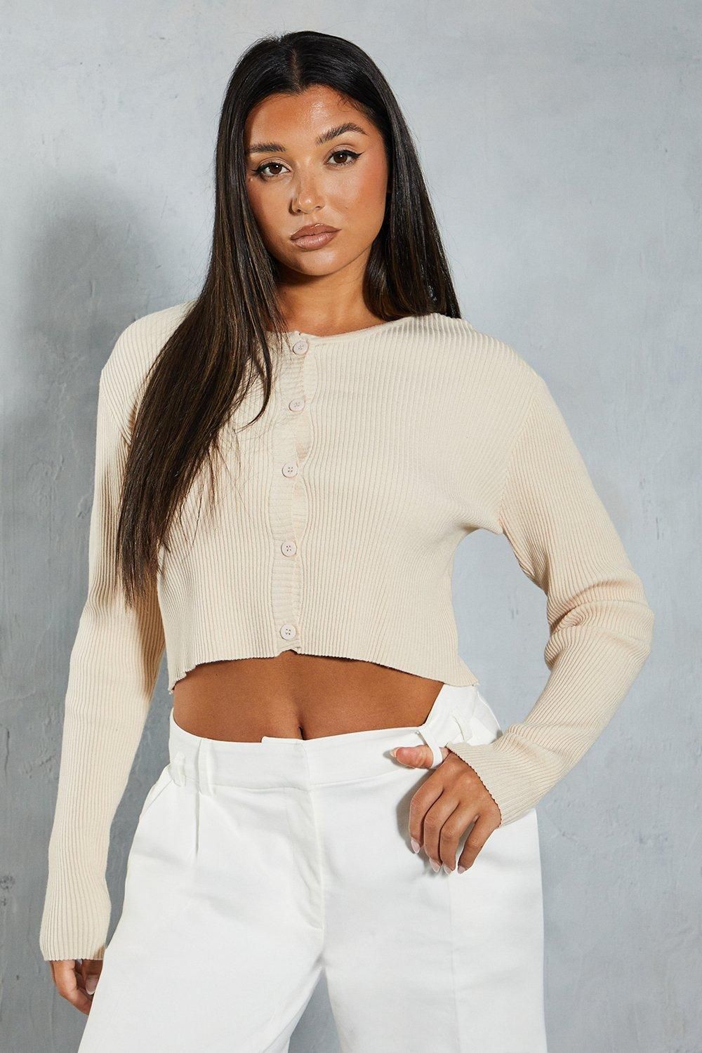 MissPap Rib Knit Wide Sleeve Cropped Cardigan Stone image 1