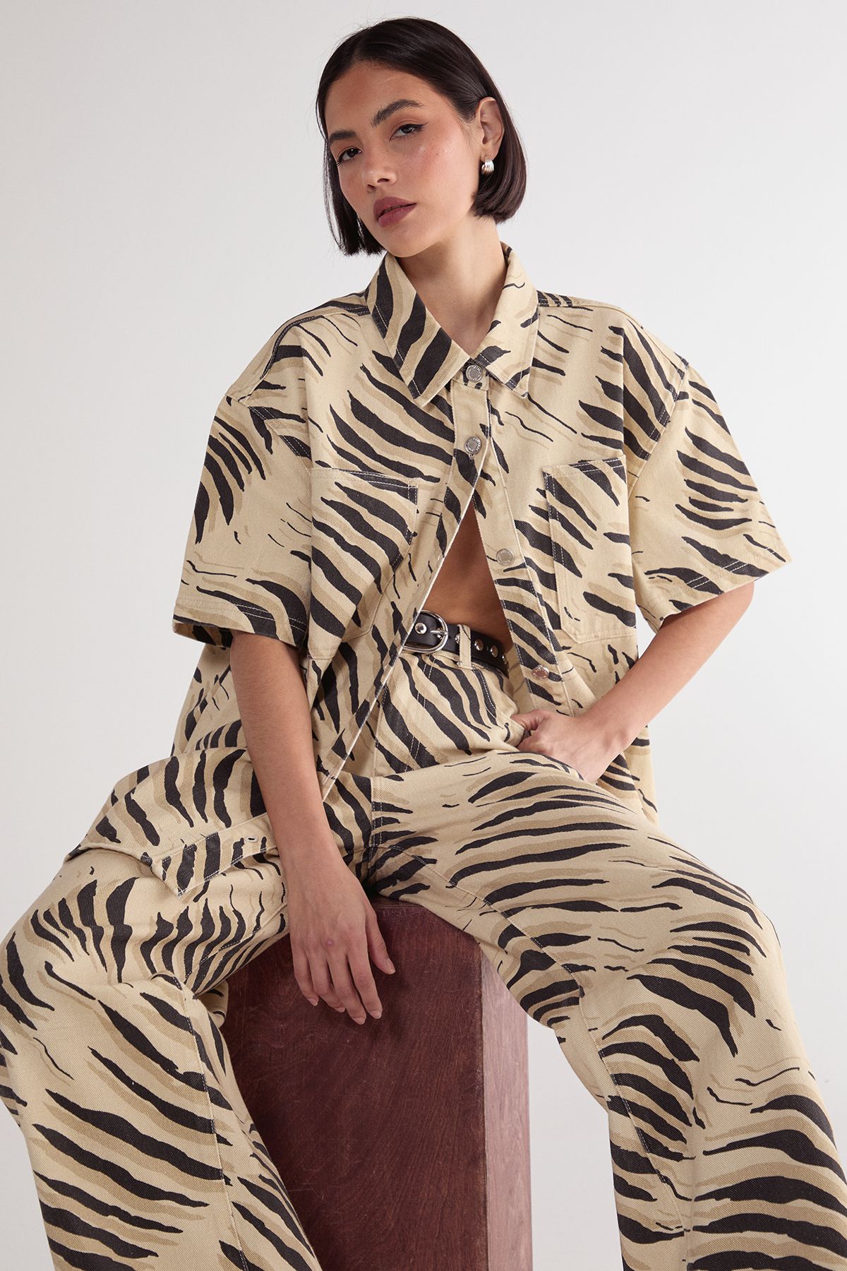 NastyGal (Az) Tiger Print Short Sleeve Denim Shirt Butter