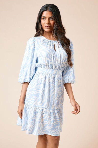Dorothy Perkins Petite Zebra Keyhole Puff Sleeve Tiered Mini Dress Animal