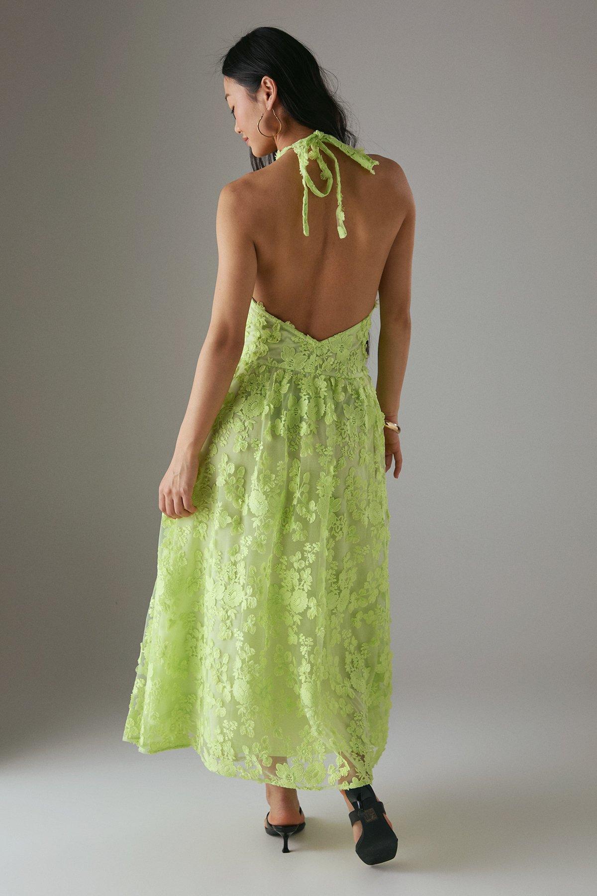 Warehouse Petite 3D Embroidered Halter Open Back Midi Dress Apple Green image 3