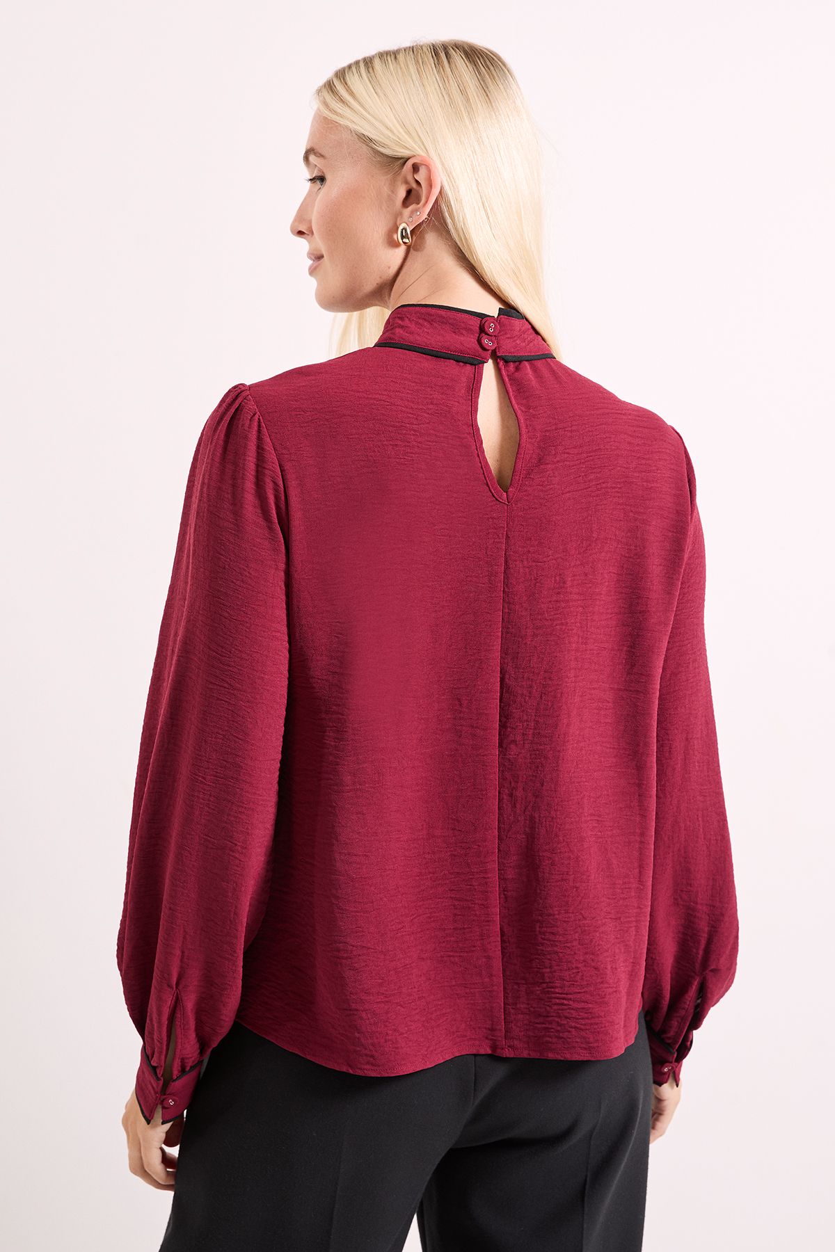 Principles Wine Piping Detail High Neck Blouson Sleeve Blouse Wine image 3
