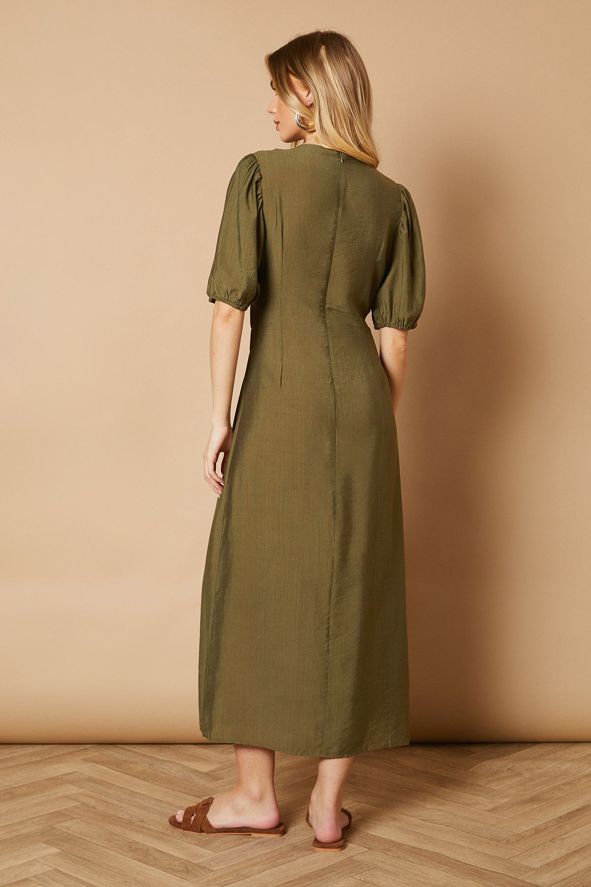 Oasis Shirred Bodice Puff Sleeve Midi Dress Khaki image 4
