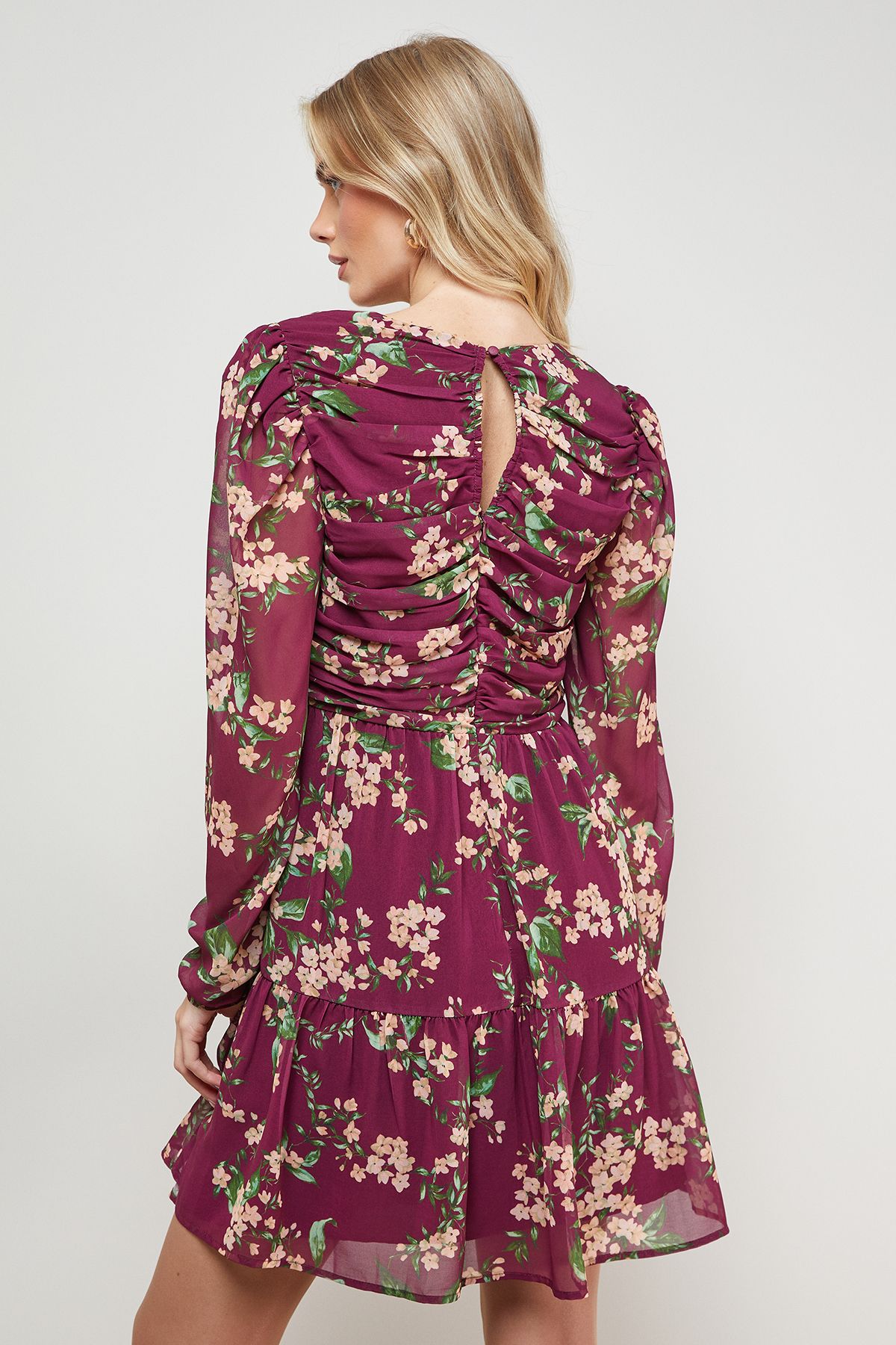 Oasis Printed Statement Shoulder Ruched Body Mini Dress Floral image 4