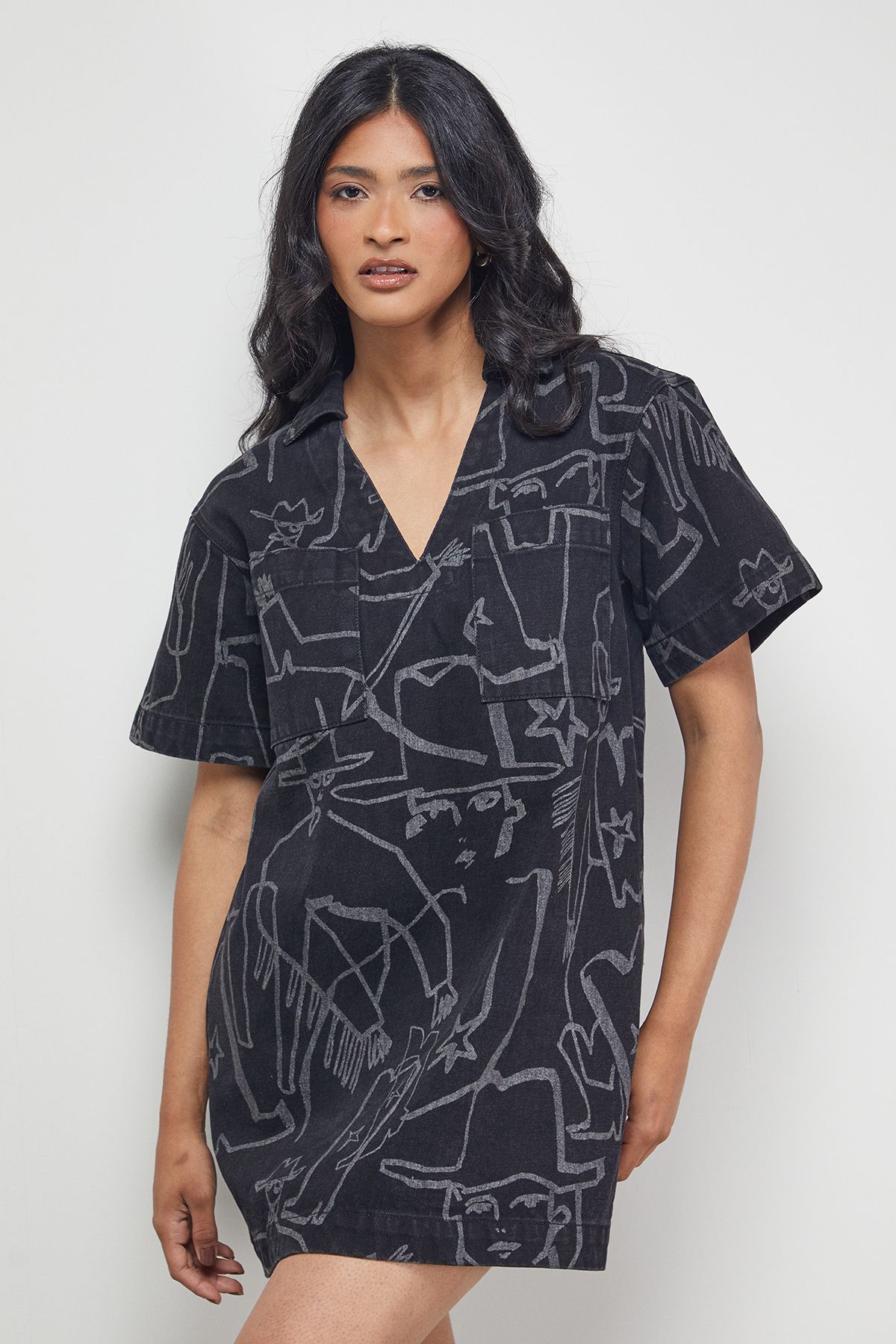 Warehouse Tony Printed Boxy Denim Mini Dress With Pockets Mid Blue image 3