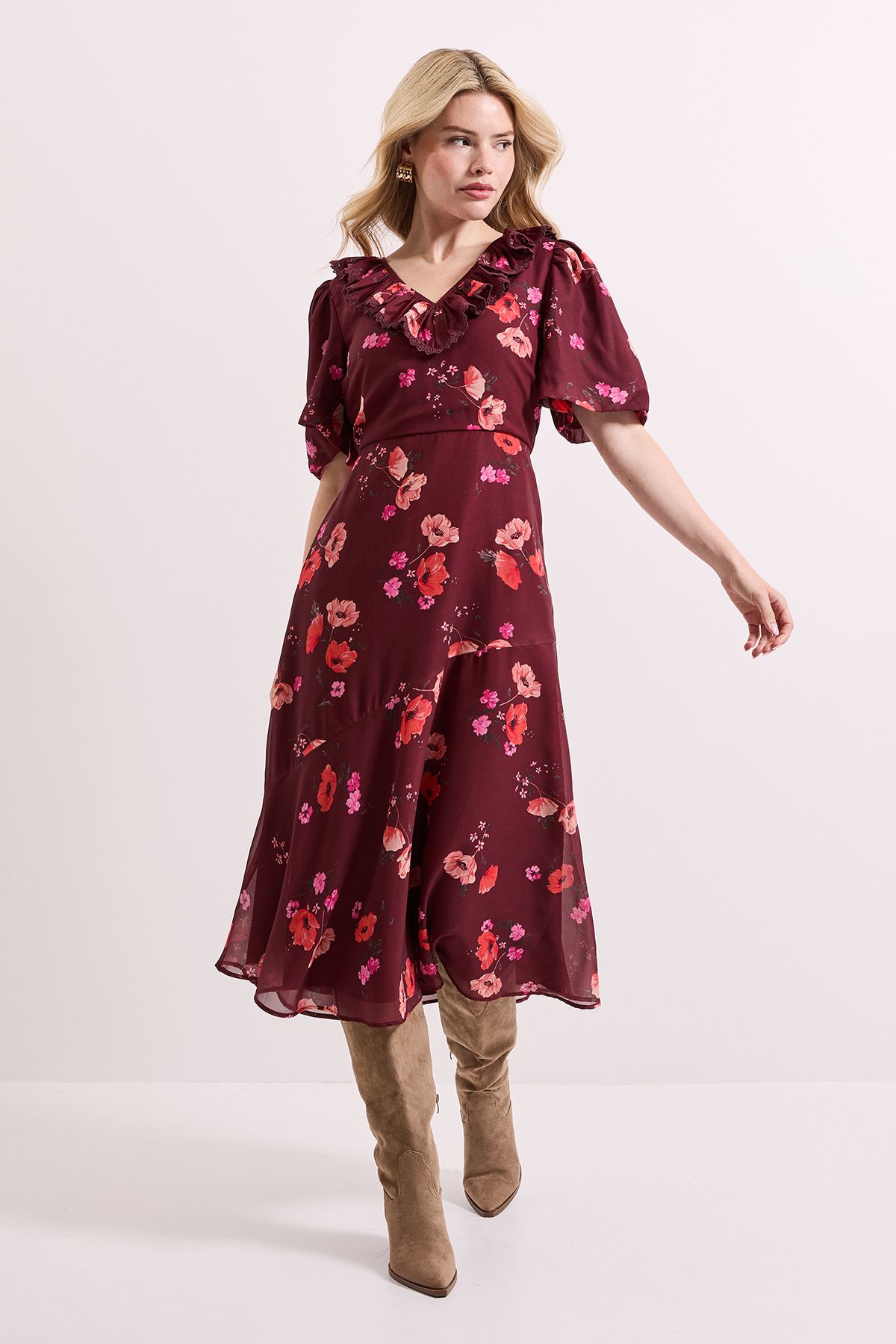 Dorothy Perkins Frill V Neck Puff Sleeve Midi Dress Floral