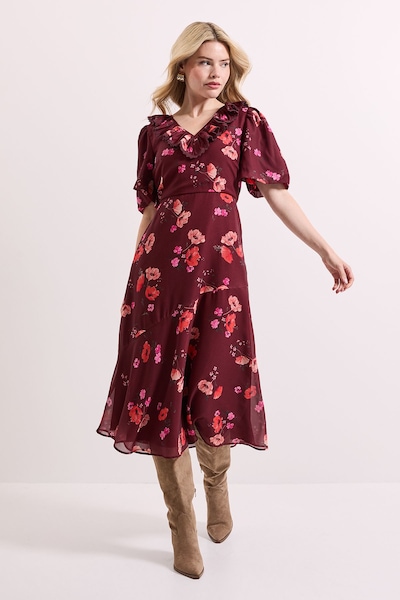 Dorothy Perkins Frill V Neck Puff Sleeve Midi Dress Floral