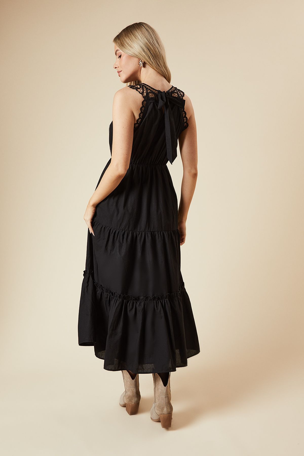 Dorothy Perkins Black Lace Yoke Tie Back Halterneck Midi Dress Black image 3
