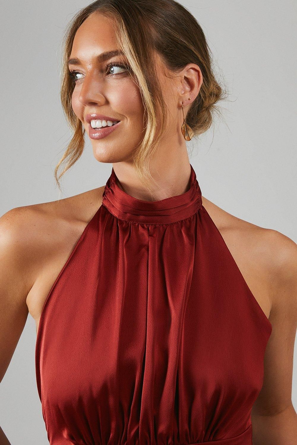 Oasis Satin Halter Bias Cut Maxi Bridesmaid Dress Burnt Orange image 4