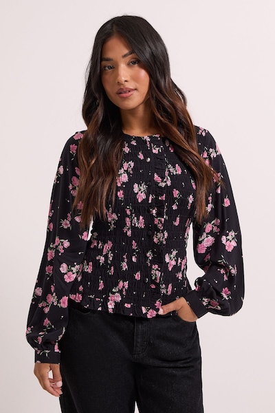 Dorothy Perkins Petite Shirred Bodice Button Through Top Pink