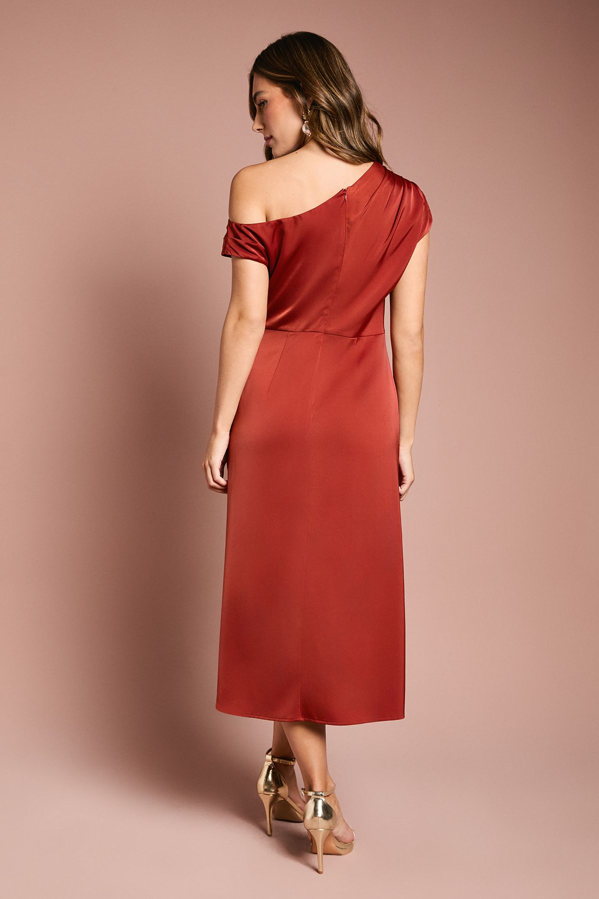 Coast Off Shoulder Satin Side Tie Midi Dress Bronze image 4