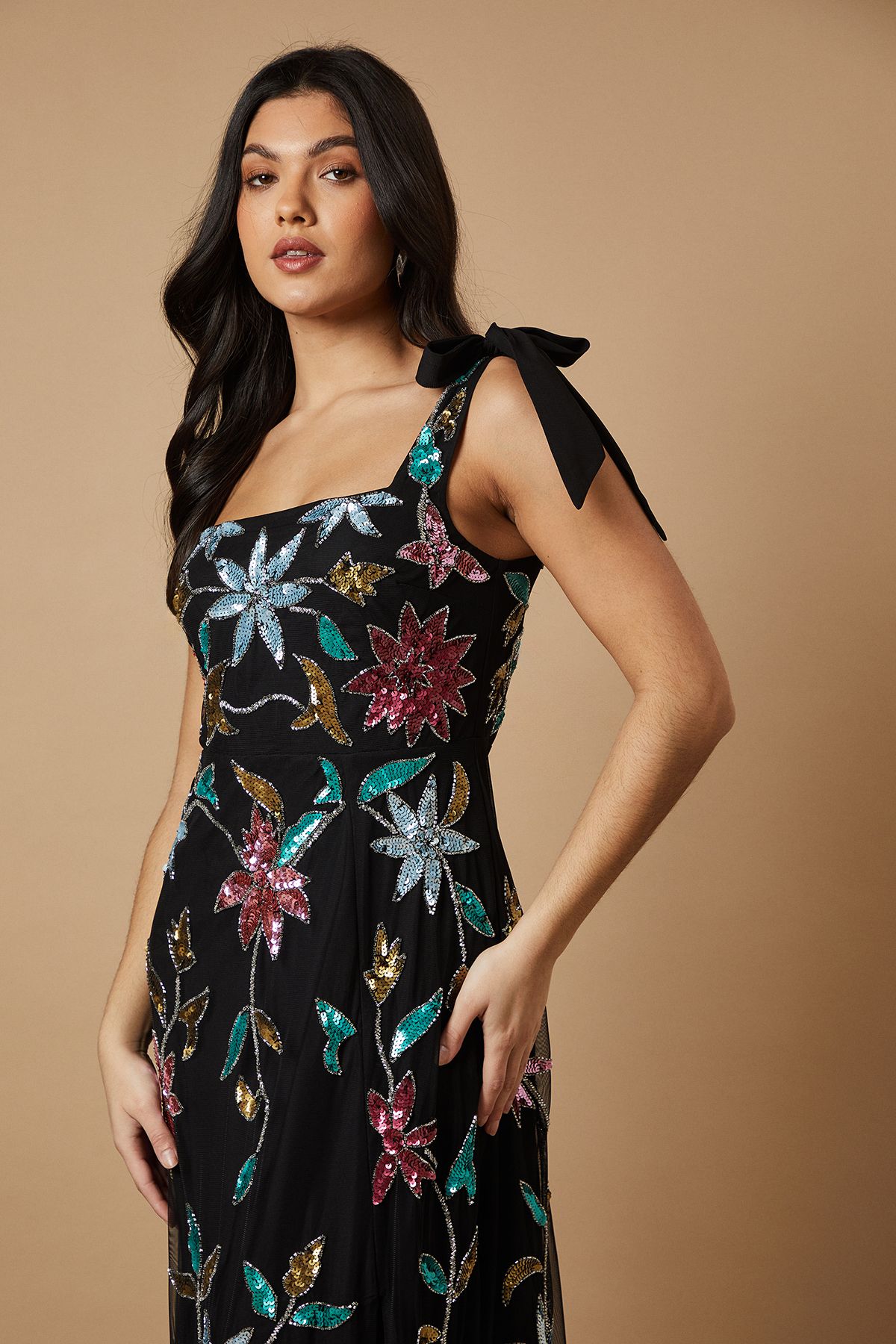 Oasis Floral Embellished Split Midi Dress Black image 3