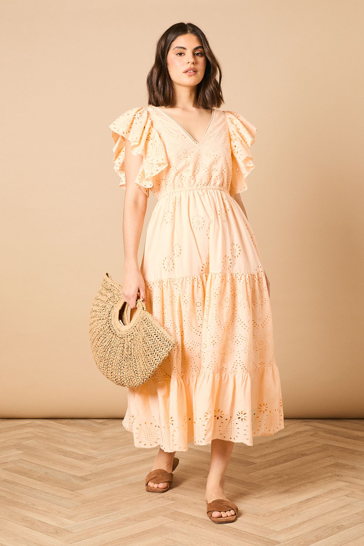 Oasis Broderie V Neck Angel Sleeve Maxi Dress Apricot image 1