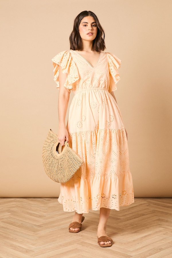 Oasis Broderie V Neck Angel Sleeve Maxi Dress Apricot