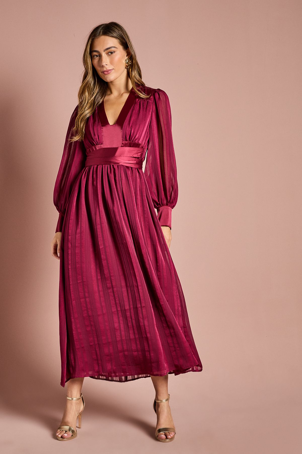 Coast Long Sleeve Stripe Jacquard Maxi V Neck Dress Burgundy image 1