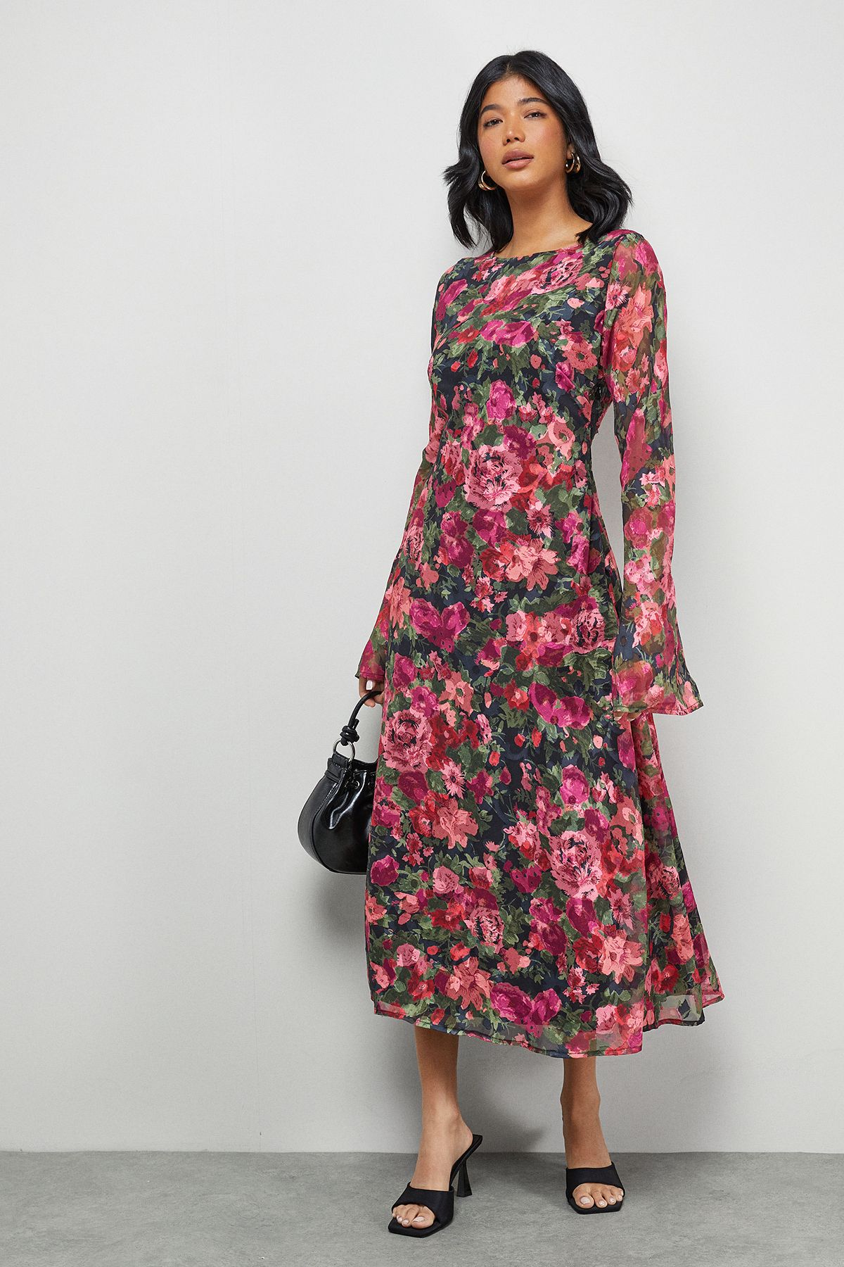 Warehouse Burnout Floral Chiffon Slash Neck Bias Midi Dress Black