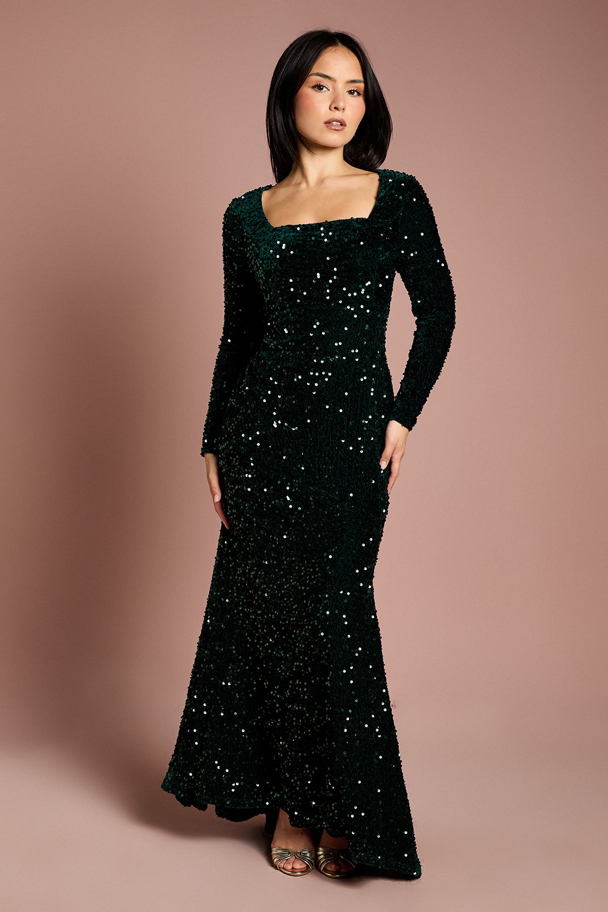 Coast Petite Square Neck Velvet Sequin Long Sleeve Maxi Dress Emerald