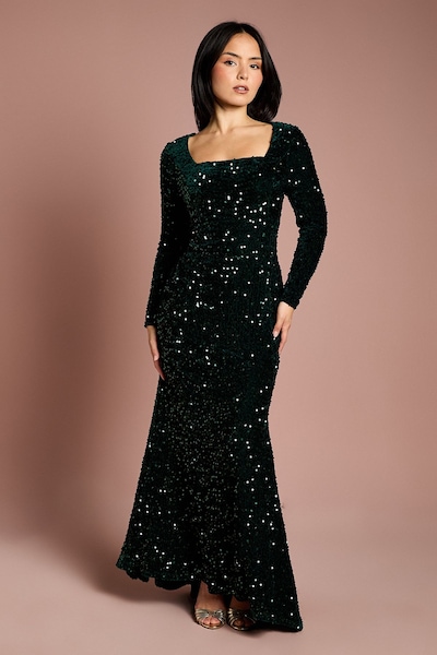 Coast Petite Square Neck Velvet Sequin Long Sleeve Maxi Dress Emerald