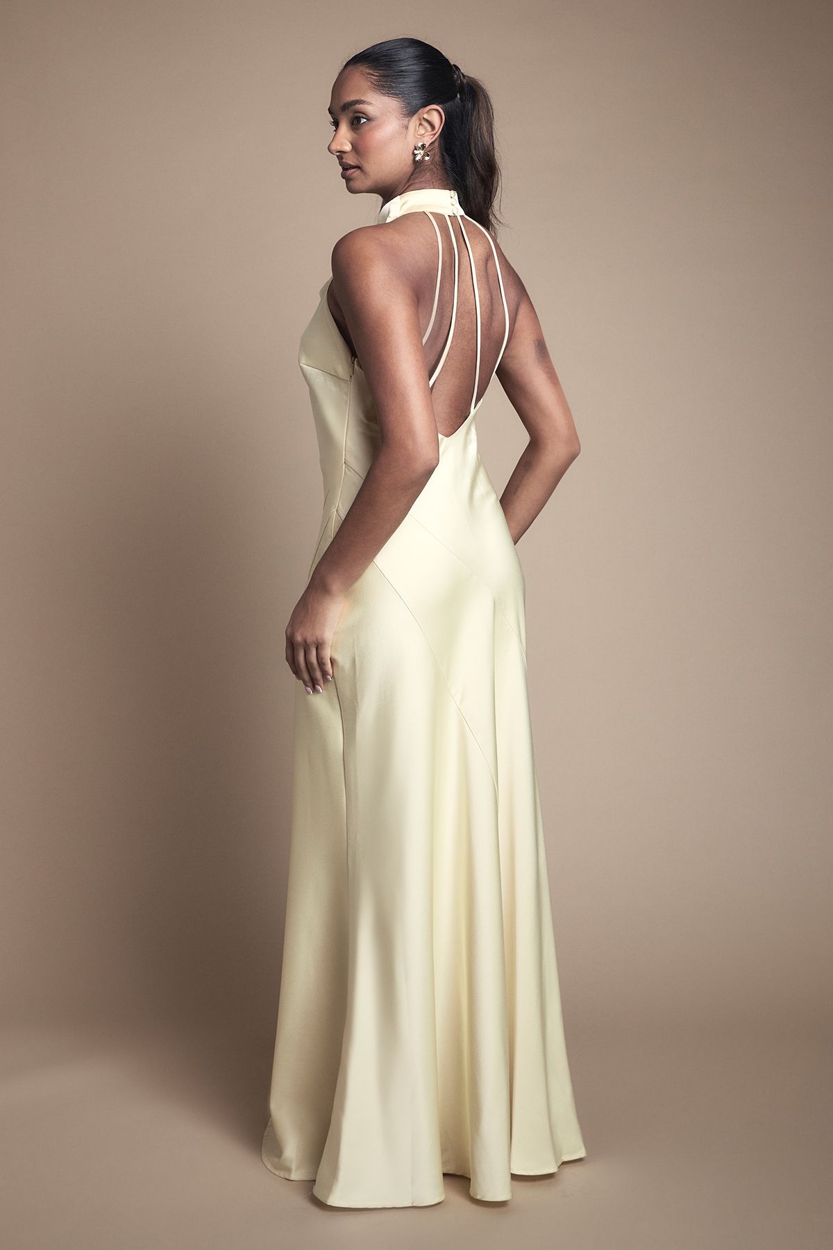 Oasis Oasis by Coast Cowl Halterneck Satin Maxi Bridesmaid Dress Lemon image 3