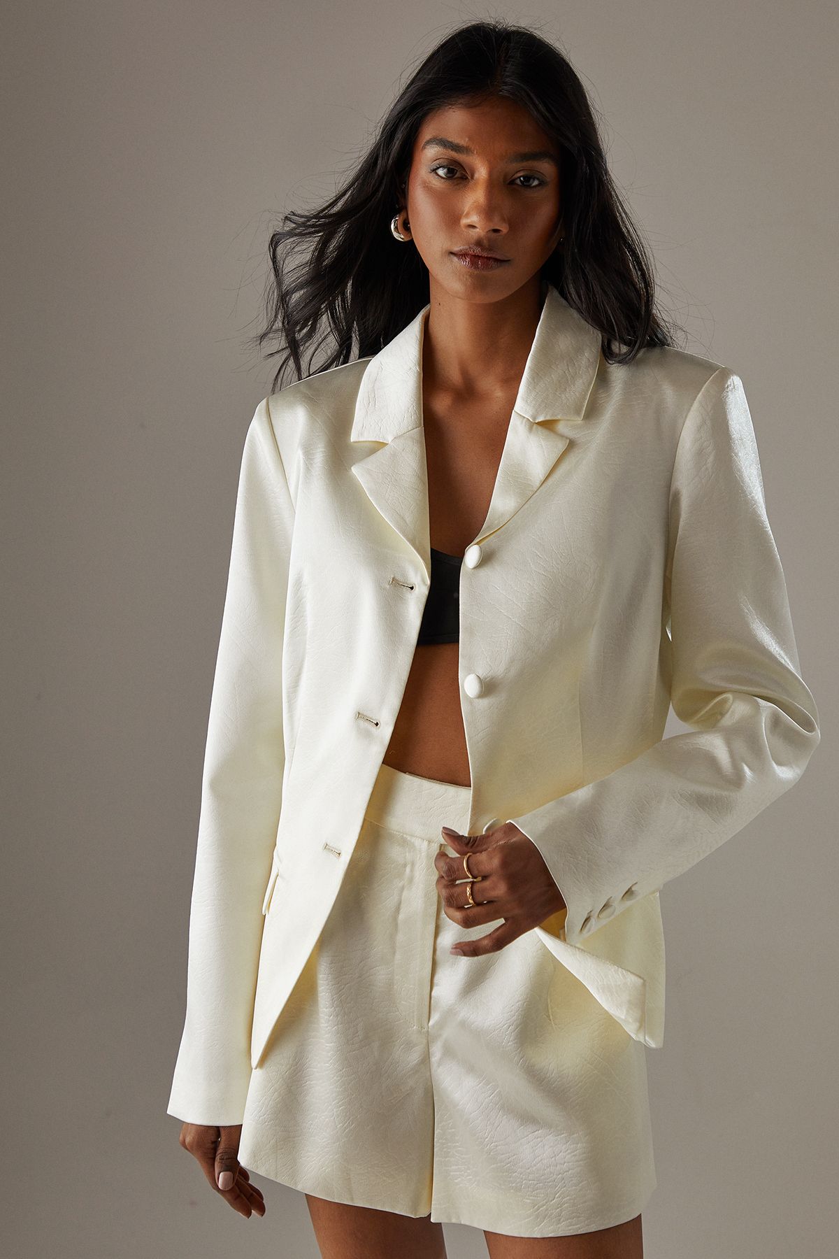 Warehouse Jacquard Satin Fitted Waist Blazer Yellow