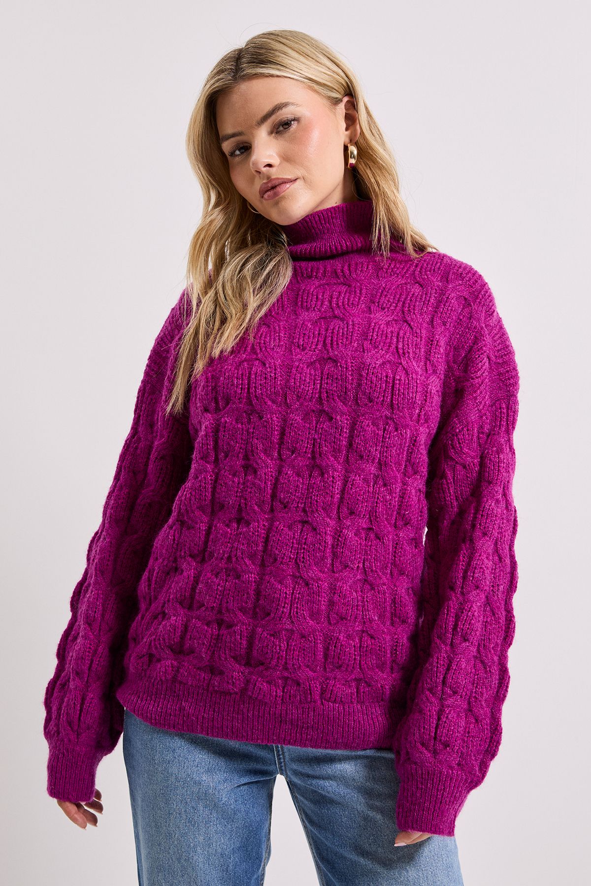 Dorothy Perkins Cable Roll Neck Knitted Jumper Fuchsia image 4