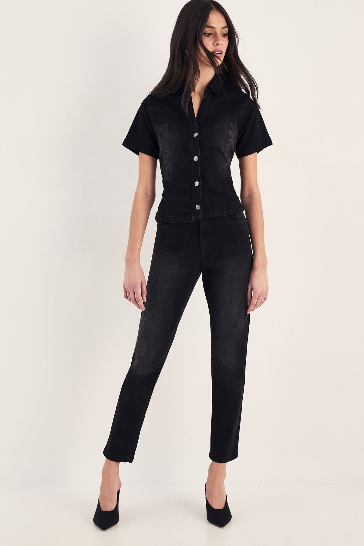 NastyGal The Sculpted Denim Shirt Washed Black image 2