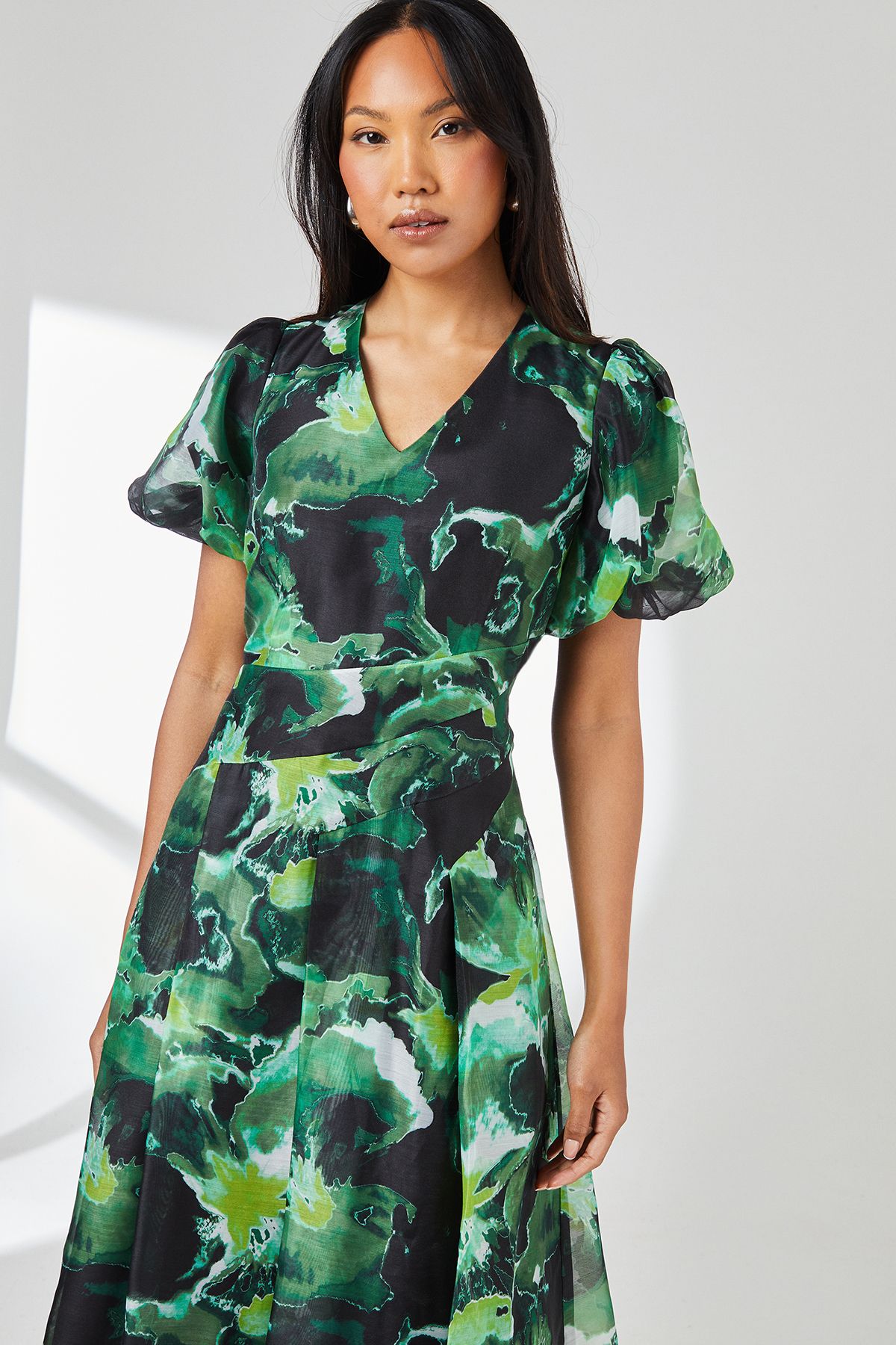 Principles Green Floral Print Puff Sleeve Organza Midi Dress Green image 2