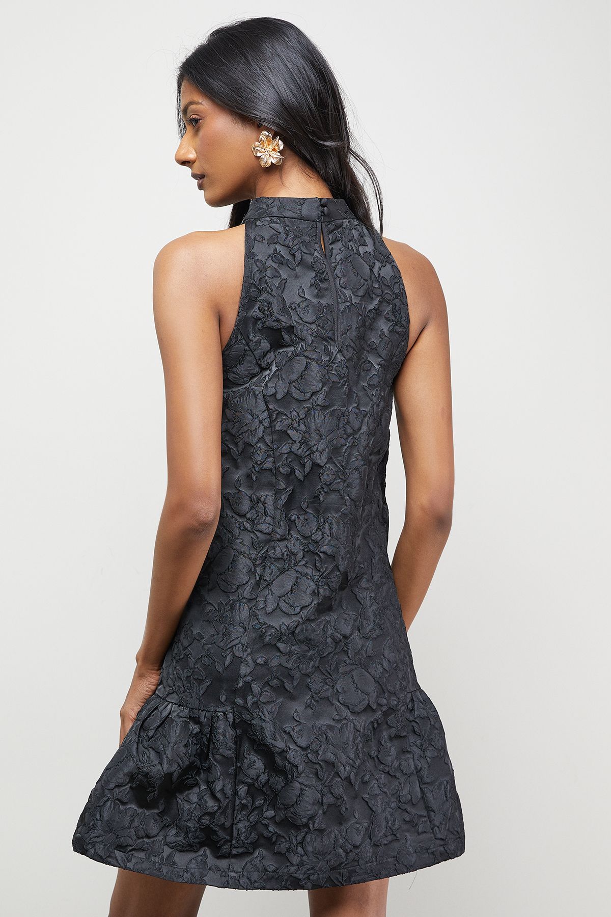 Warehouse Jacquard High Neck Drop Hem Mini Dress Black image 3