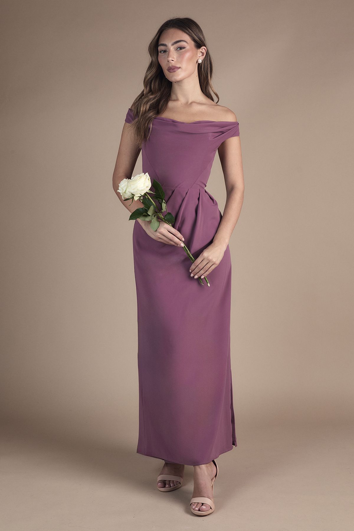 Coast Crepe Bardot Ruched Maxi Bridesmaid Dress Dark Mauve image 1