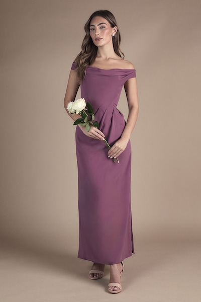 Coast Crepe Bardot Ruched Maxi Bridesmaid Dress Dark Mauve