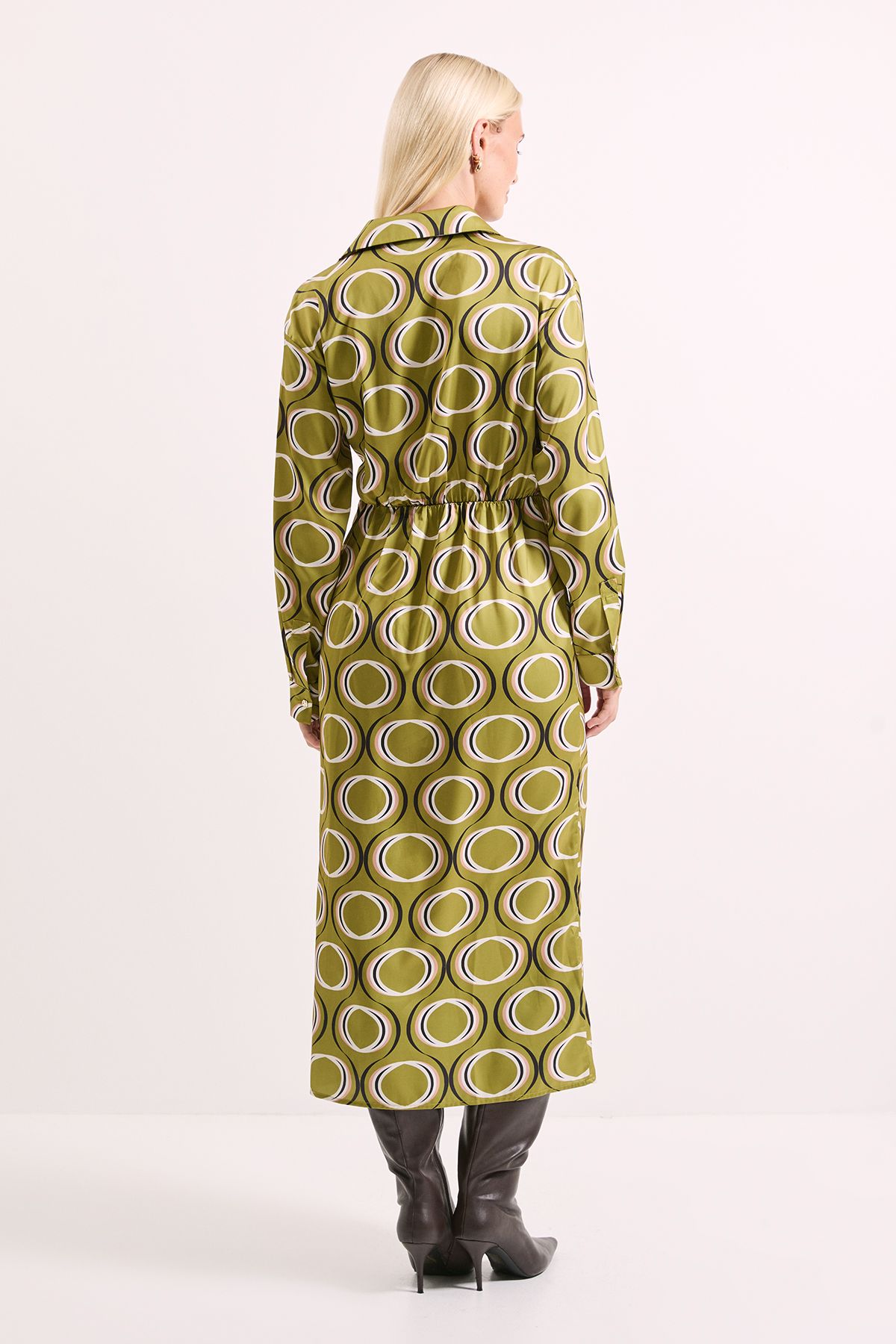 Principles Printed Tie Waist Button Detail Satin Shirt Dress Olive image 3